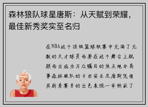 森林狼队球星唐斯：从天赋到荣耀，最佳新秀奖实至名归