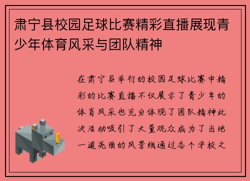 肃宁县校园足球比赛精彩直播展现青少年体育风采与团队精神